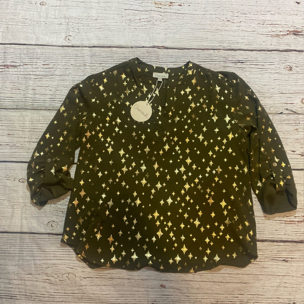 Chenault Olive Blouse Women’s with Gold Diamond Accents Size S